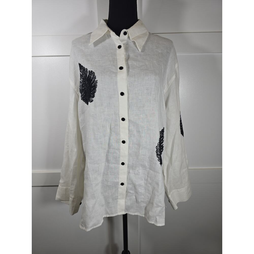 Zara Beaded Linen Button-Down Shirt. 100% linen. Size XL. - Picture 2 of 10